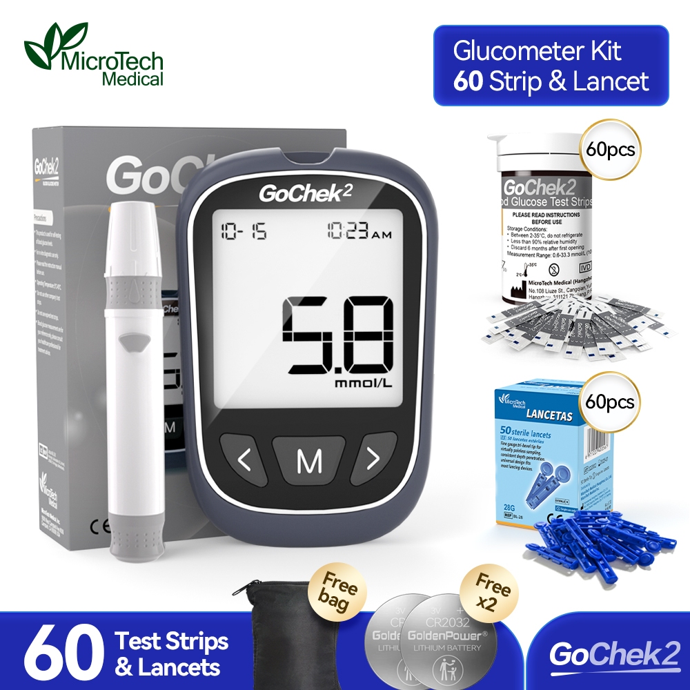 MicroTech Gochek2 Blood Sugar Monitor With 10/60/110pcs Test Strips Glucometer Blood Sugar Test Kit Cek Gula Darah Lancet Alat Kencing Manis Sugar