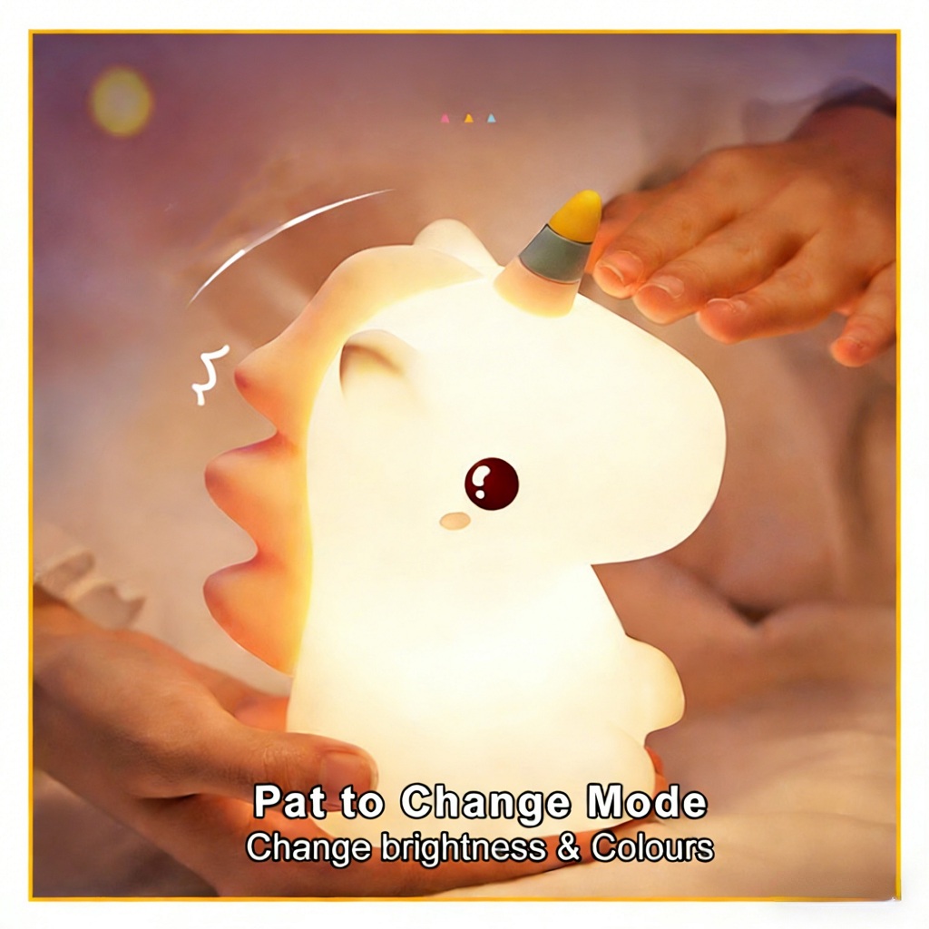 Cute Dinosaur Unicorn Night Light for Kids - Soft Silicone Touch Sensor Lamp | Color Changing Rechargeable Bedroom Lamp