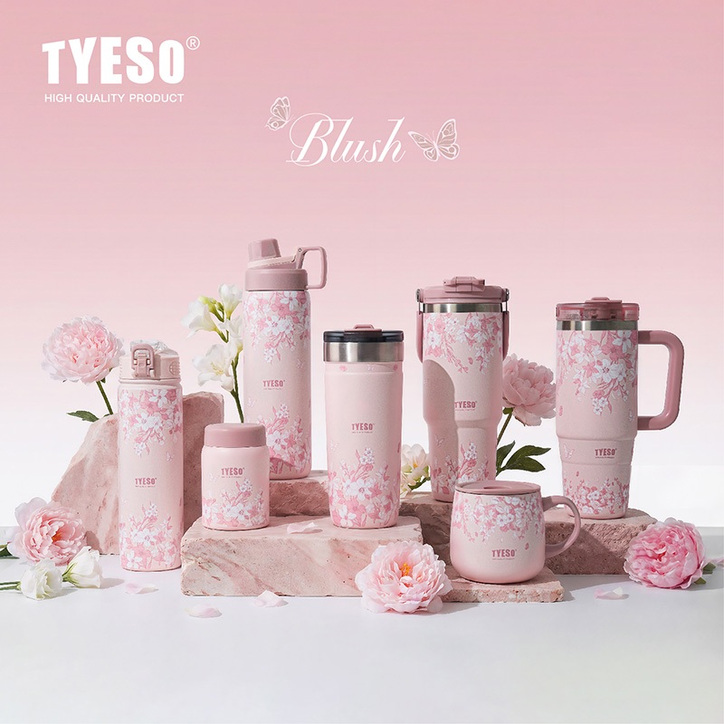 TYESO Pink Floral Insulated Tumbler Stainless Steel Vacuum Cup with Straw 24H Cold 12H Hot