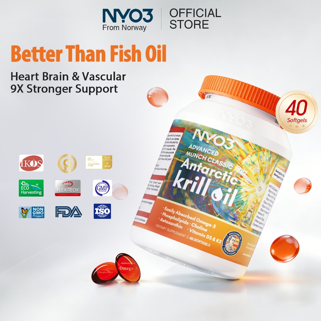 NYO3® Pure Antarctic Krill Oil – MUNCH 1892 Classic Second Generation (40 Softgels), Upgraded Omega3 250mg,Supports Heart/Brain/Bone Health,Support daily wellness maintenance