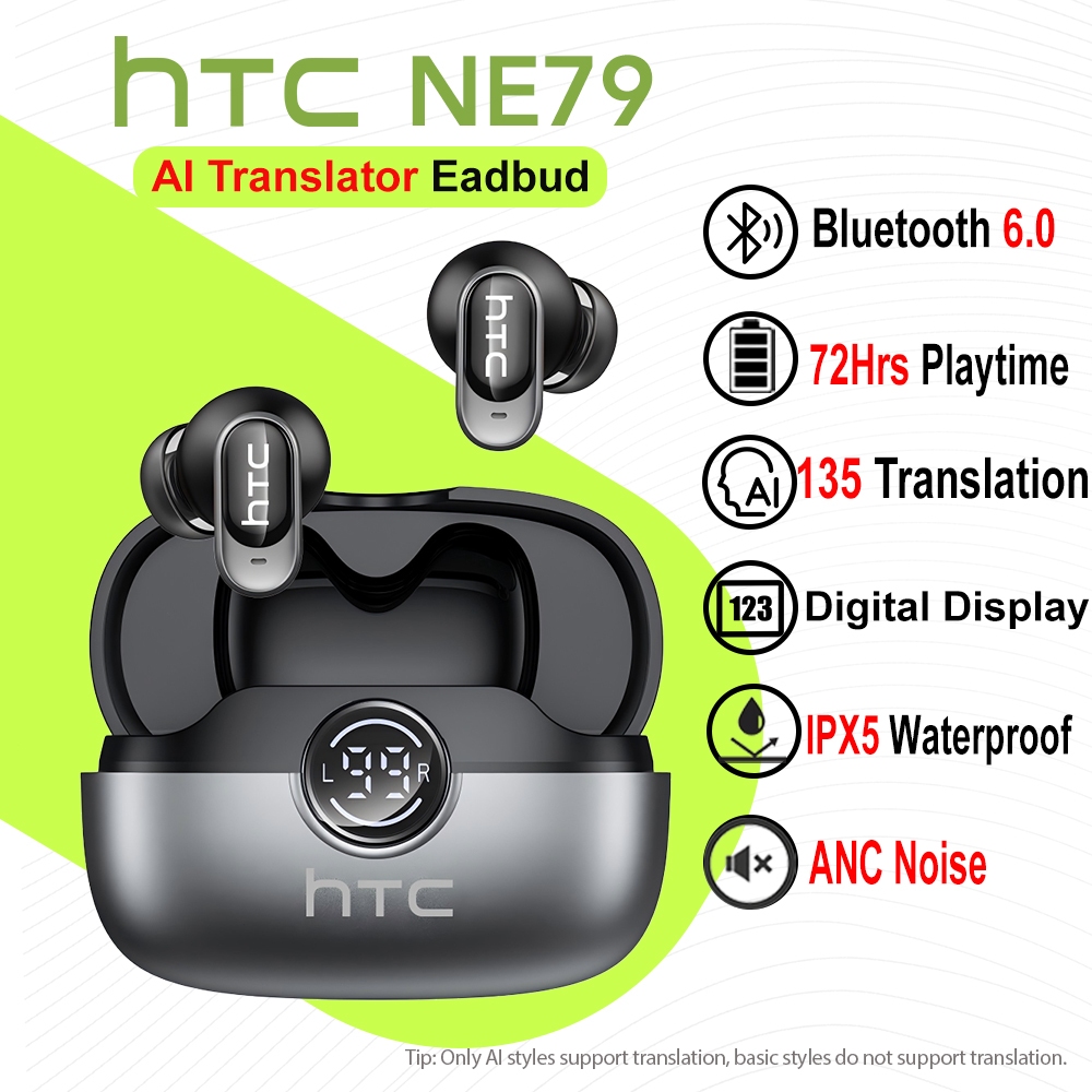 HTC NE79 AI Translator Earbud Bluetooth Earphone 6.0 Wireless Earphone Touch Control Noise Reduction Sports Earbuds 70 Hours Music For Android Iphone