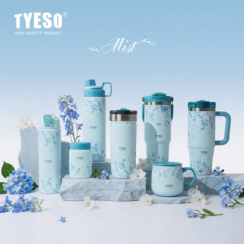 TYESO Sky Blue Floral Insulated Tumbler Stainless Steel Vacuum Cup with Straw 24H Cold 12H Hot