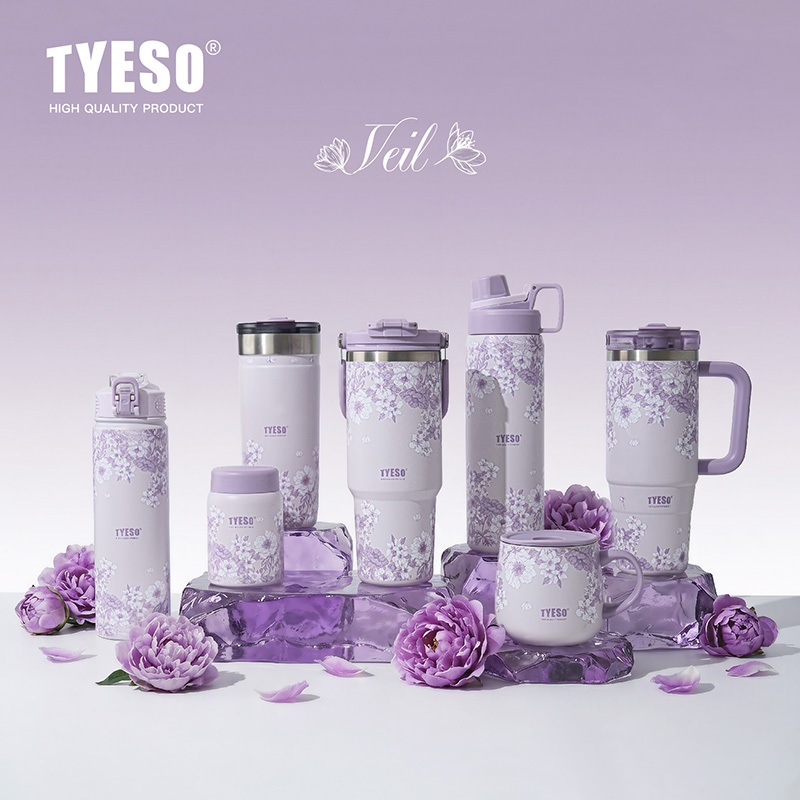 TYESO Lavender Floral Insulated Tumbler Stainless Steel Vacuum Cup with Straw 24H Cold 12H Hot