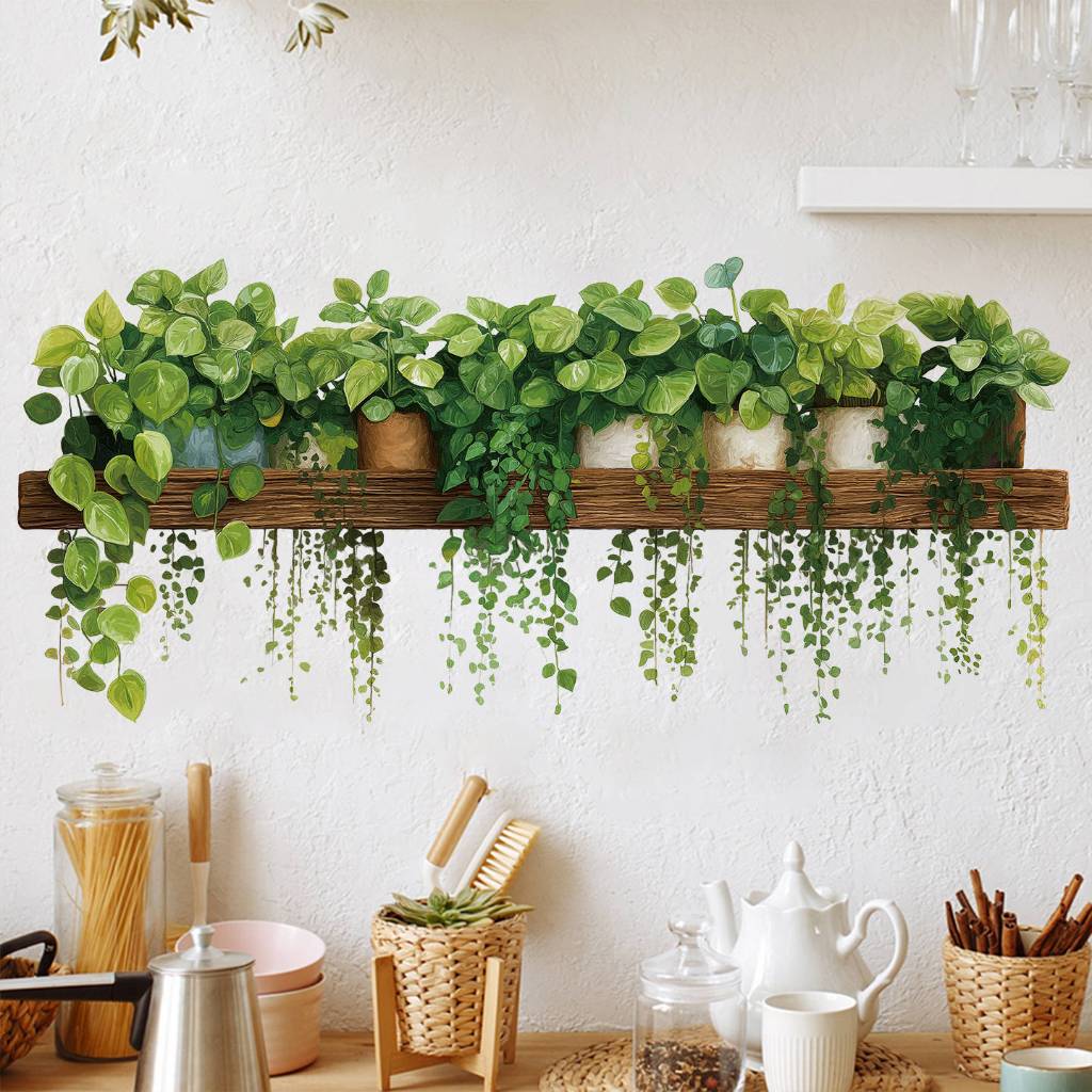 3D Hanging Plant Shelf Wall Sticker – Single Long Panel, Realistic Wooden Beam with Cascading Vines & Pots, Waterproof & Removable Decor for Kitchen, Dining Room or Balcony