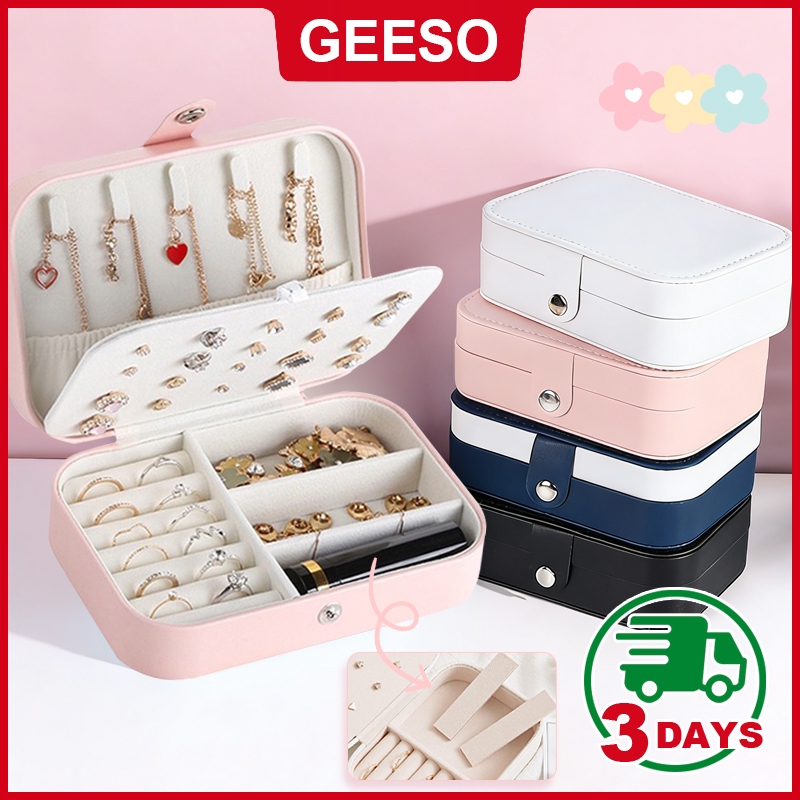 GEESO Premium Leather Jewelry Organizer Box Kotak Barang Kemas For Earring Ring Necklace Storage Holder 首饰盒
