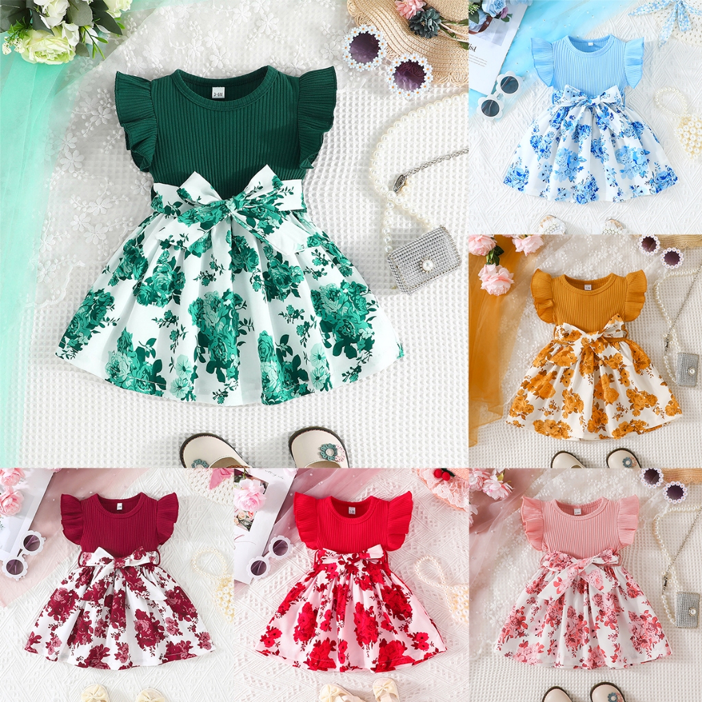 [Selangor Fast Delivery] Baju Bayi Perempuan 3-36 Bulan Baby Girls Dress Short Sleeve Cotton Floral Print with Removable Belt 4 Warna Emerald Green Yellow Biru Baju Raya & Harian Budak Perempuan