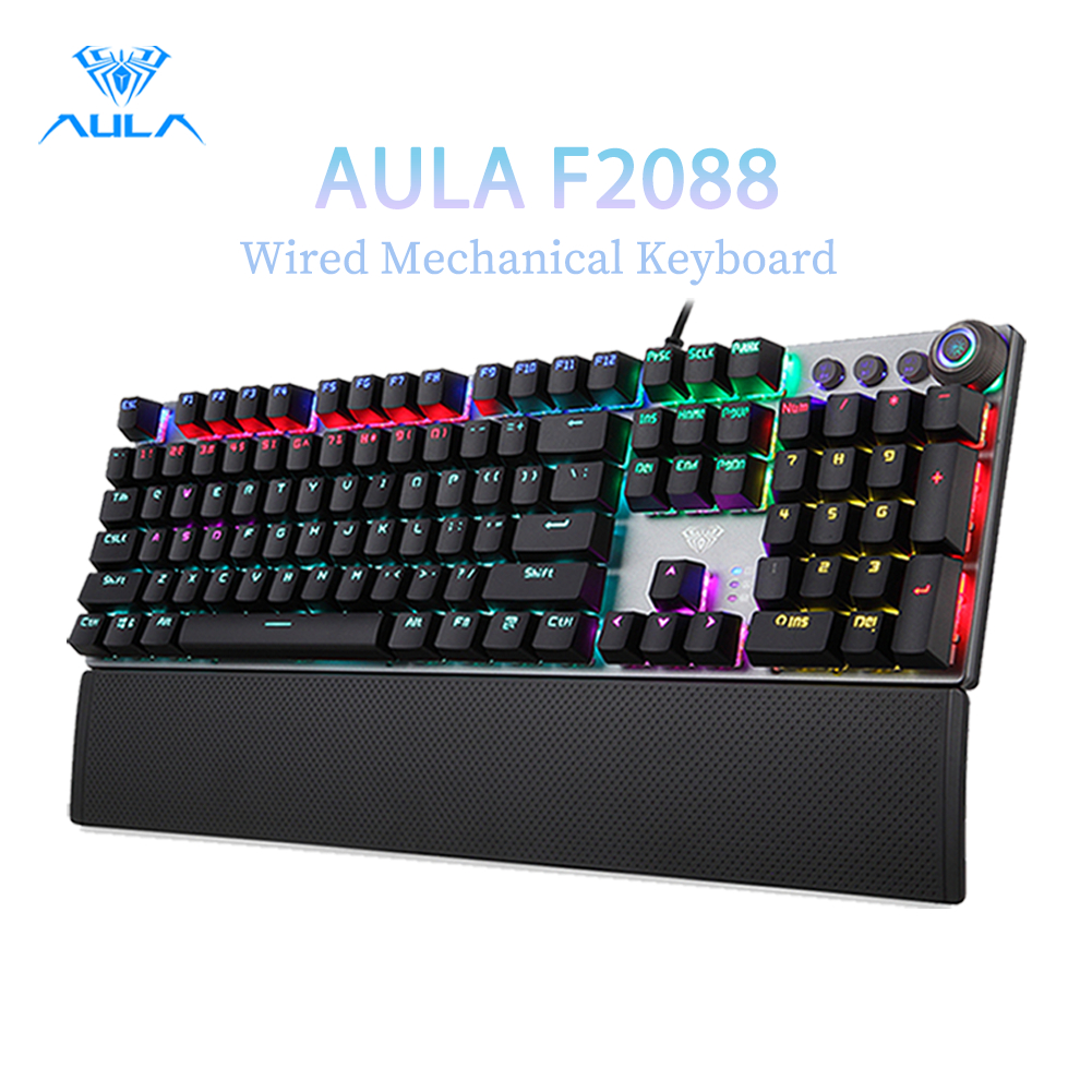 AULA F2088 True Mechanical Gaming Keyboard Wrist Rest Multimedia Knob Marco Programming Metal Panel LED Backlight
