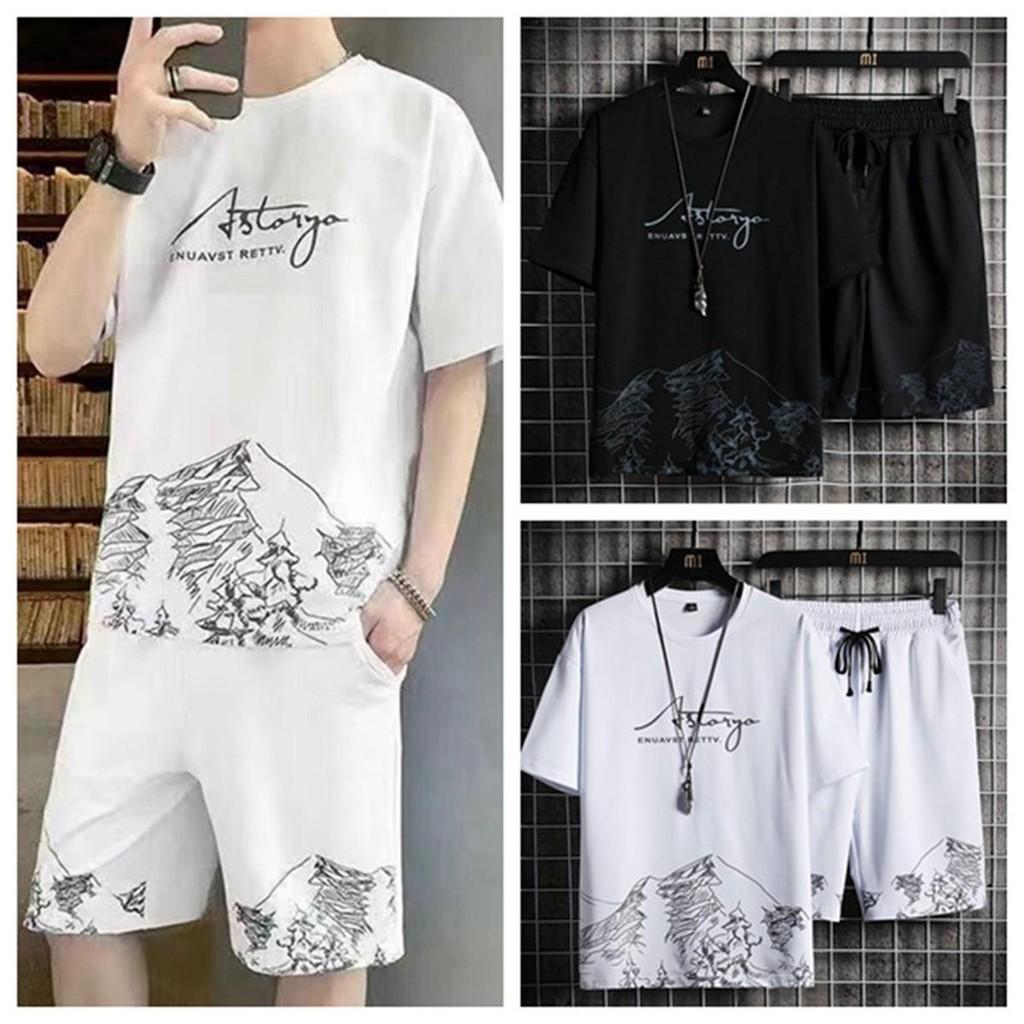 Short Sleeve T-shirt Set Men Summer Two Piece Sets Baju T Shirt Lelaki Sports Set Men Fashion Casual Set Summer Korean Short-sleeved T-shirt Men's Two-piece Shorts T-shirt