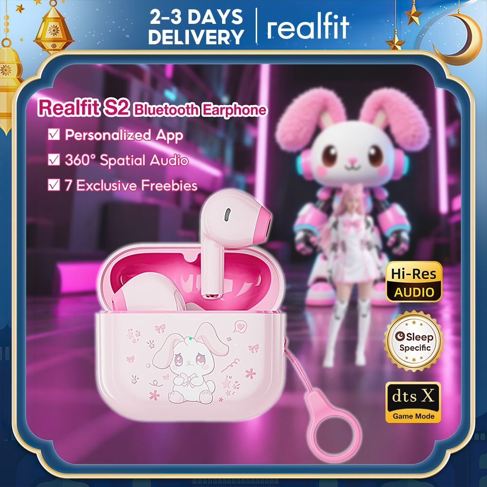 【Premium Gift Box】Realfit S2 Bluetooth Earphones Cute Pastel Pink Kawaii Set, with Anime Stickers and Cute Accessories, Bluetooth V.6.0