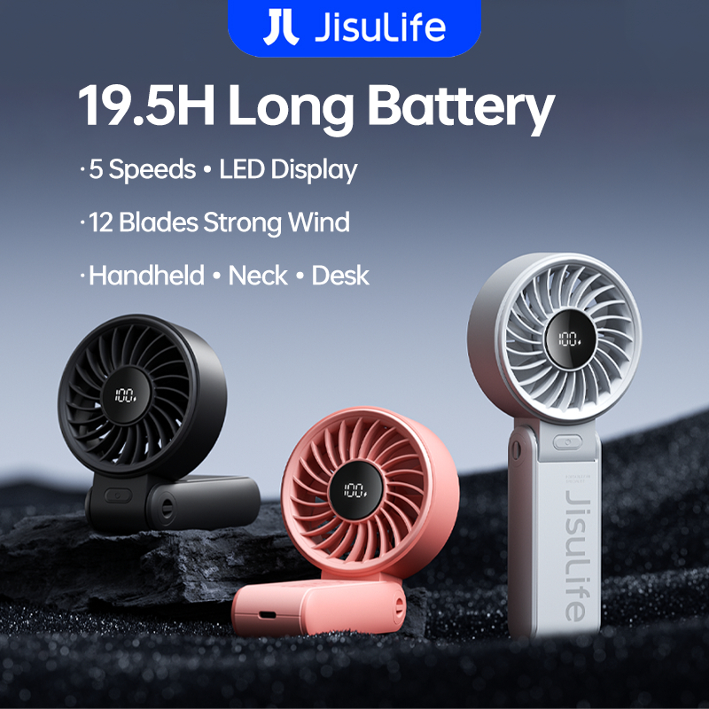JisuLife Handheld Fan Life7 Mini Fan Portable Rechargeable Fans 5000mAh 19.5h Cooling Time Foldable Hand Fans with 5 Gears Strong Wind Kipas Berdiri