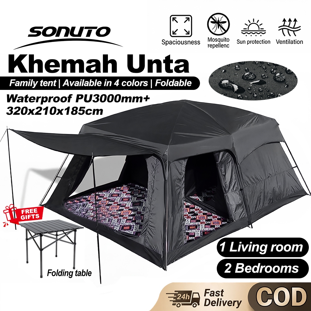 Sonuto【Murah】Khemah Camping Besar 4-6 Person Silver Coating Kalis Air Double Layer 2 Rooms Family Tent Outdoor Portable Khemah Unta Ready Stock Kelambu+free gift