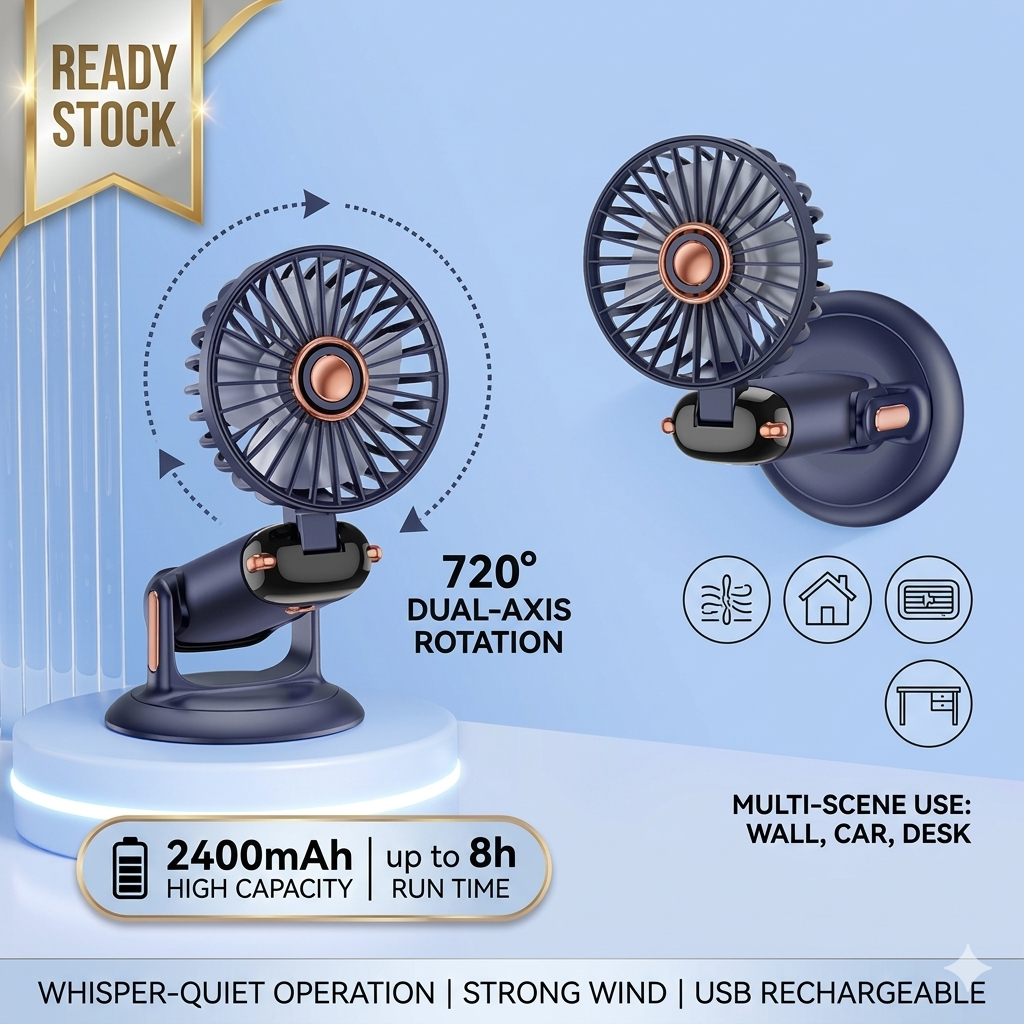 [Ready Stock] 720° Portable USB Fan 2400mAh Rechargeable Mini Desktop Fan Wall Mounted Silent Strong Wind Kipas Meja Kipas Kereta RV