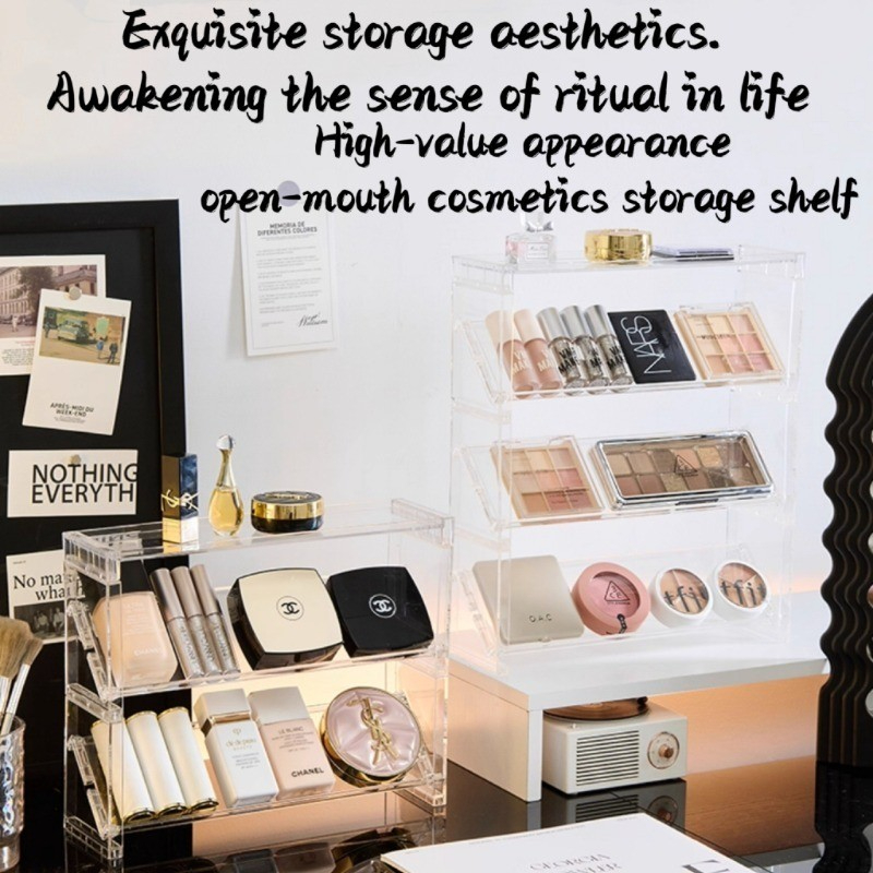 Stackable eyeshadow storage box - transparent, three-layer stepped design, acrylic tabletop makeup storage box, vanity, powder compact, lipstick, perfume storage box