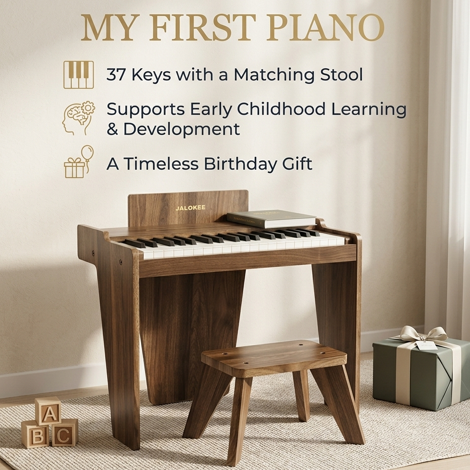 JALOKEE 37 Keys Wooden Piano for Kids with Stool - Premium Montessori Musical Toy Early Learning Education Gift Mainan Piano Kayu Budak