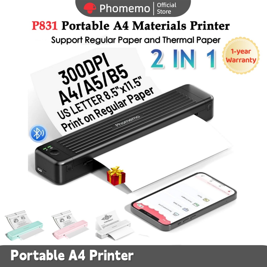 Portable 300dpi A4 Printer Support Normal/Regular Paper and A4/Legal/Letter/ Hard Copy Bond Paper,Phomemo P831 Wirelss Bluetooth Mini Inkless Thermal Printer for A5/B5/Letter Size