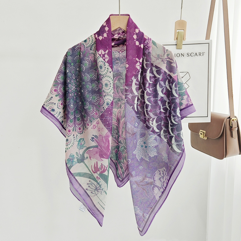 Chrilla Jesto Ladies New Fashion Design Floral Printed Silk Cotton Feeling Bandana Women Square 110cm Purple Hijab Scarf