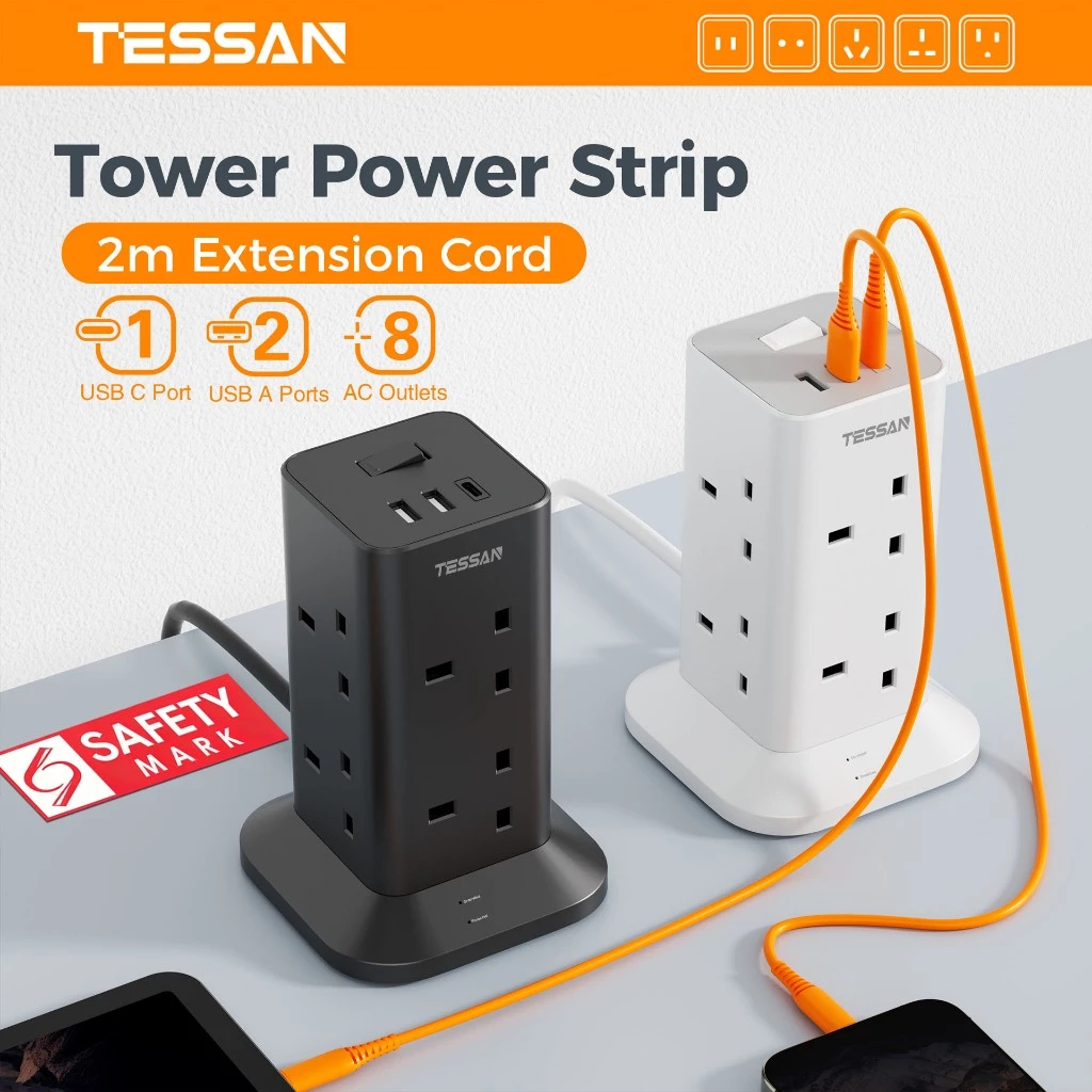 TESSAN Tower Extension Plug Tower Socket with USB+Type C, Surge Protector Power Extension Wire 3M 5M