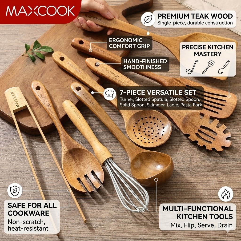 MAXCOOK Wood Utensils Set 8 Pcs Kitchenware Spatula Ladle for Cooking Easter 2026 Gift