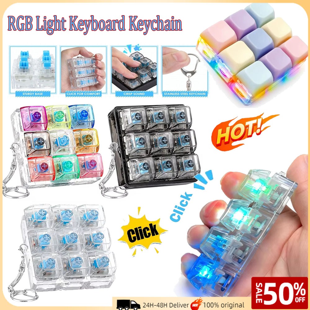 9Keys RGB Mechanical Keyboard Keychain – Clicky Fidget Toy with LED Lights, Stress Relief Gadget for Adults & Kids