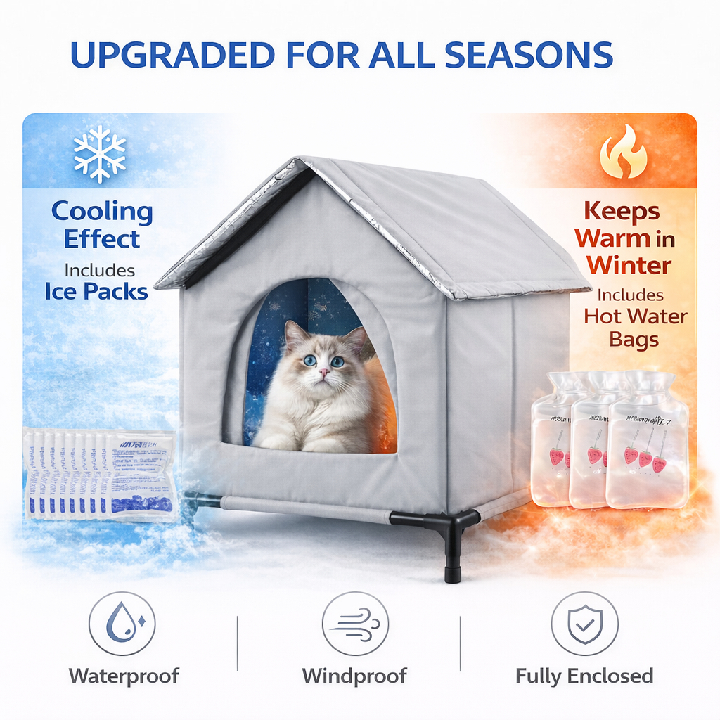 Outdoor & Indoor Insulated Cat House with Heating & Cooling Packs, Waterproof Fully Enclosed Shelter for Stray Cats, Winter Warm & Summer Cool Pet House