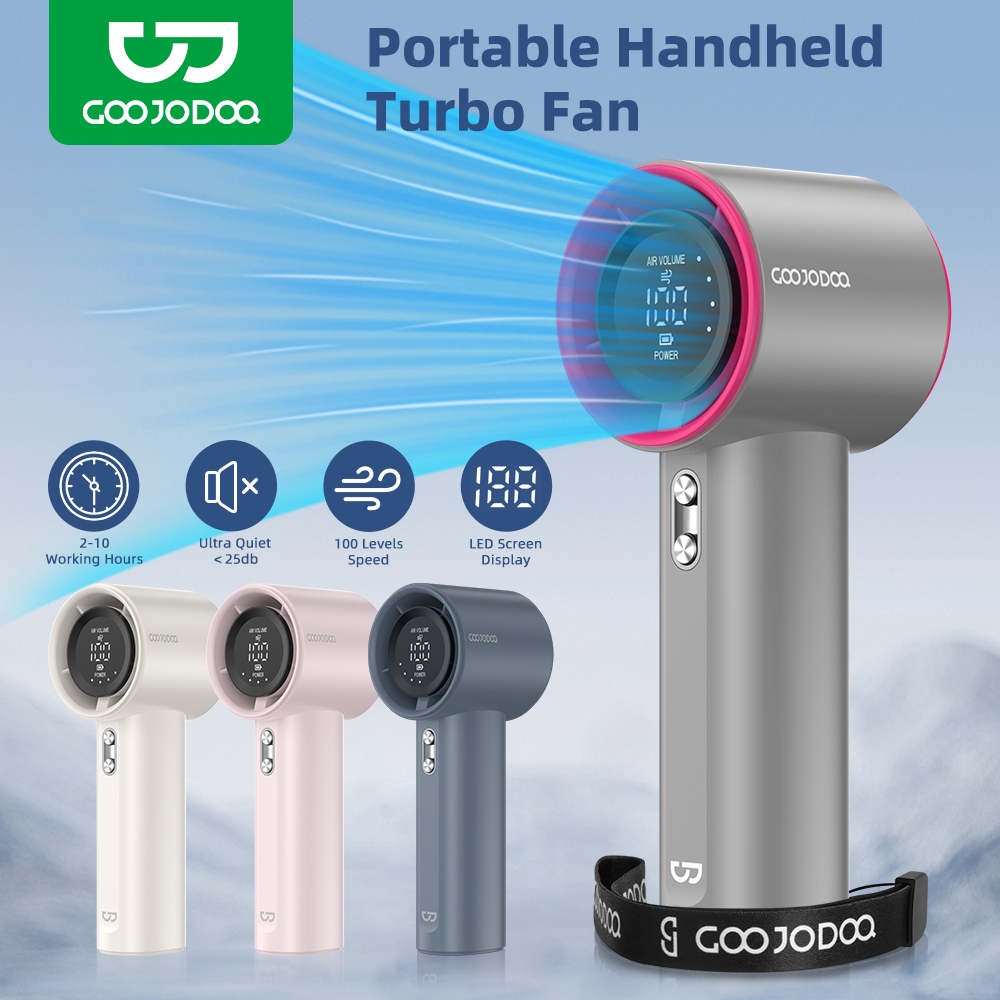 Goojodoq Portable Fan Rechargeable Handheld Jet Fan Strong Wind 100 Gear Wind Speed Digital Display Adjustable Turbo Fan