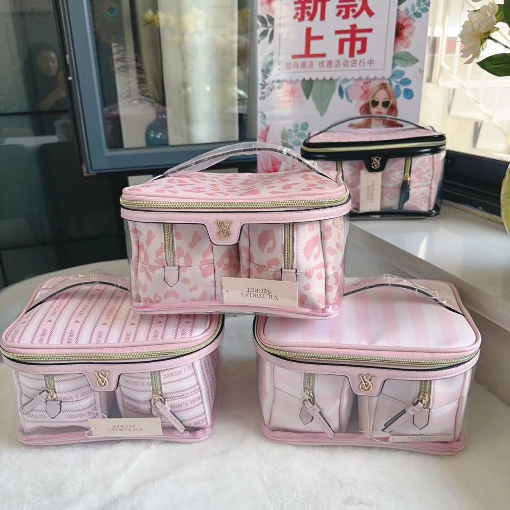 Beg Kosmetik 3 in 1 Victoria's Secret Double Layer Handcarry Cosmetic Bag Multi Compartment Large Storage Travel Pouch Pelbagai Corak Leopard & Stripe beg travel wanita untuk solek kapasiti besar kalis air