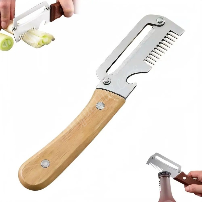 3-in-1 Stainless Steel Fruit peeler for Slicing & Peeling For Kitchen With Wooden Handle And Bottle Opener