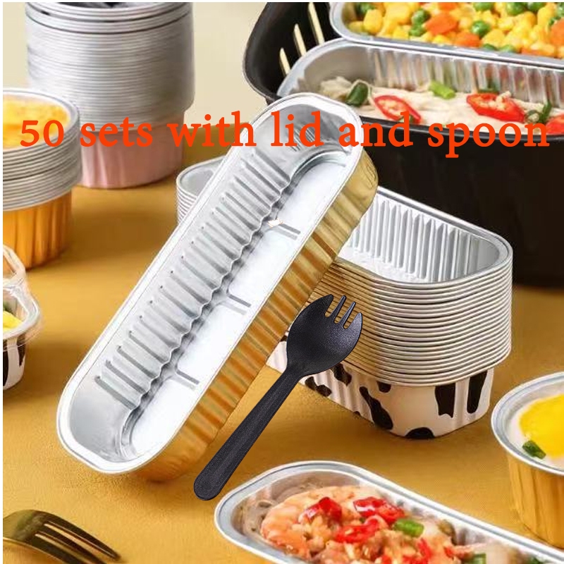 [50sets] 200ml Durian Box Aluminum Foil Box Cake Packing Box with Lid, Spoon Air Fryer, Oven Available