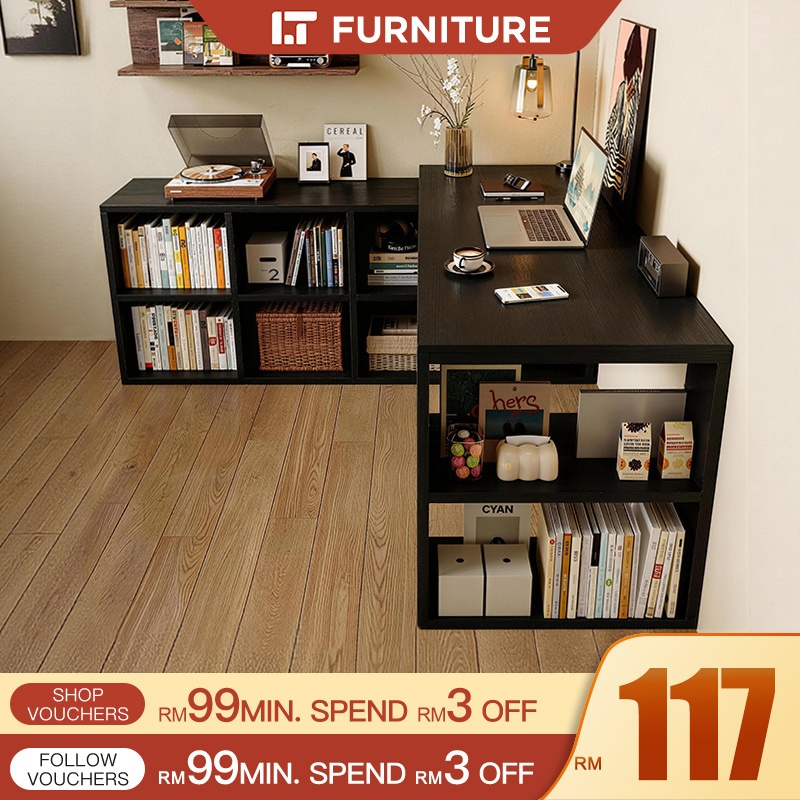Meja Belajar Black L Shape Table Study Table with Book Cabinet Computer Desk Home Office Table Meja Komputer Computer Table