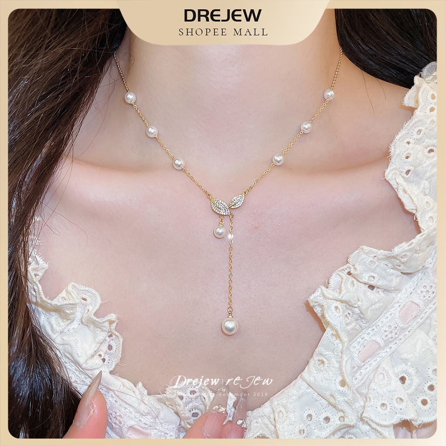 DREJEW Electroplated Zircon Pearl Leaf Pendant Fashion Necklace With A Light Luxury And High-End Feel Necklace