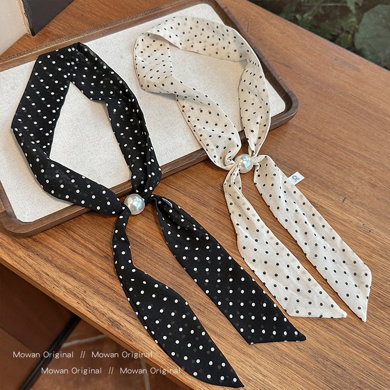 Gentle High Wisdom Style Korean Style Polka Dot Silk Scarf Beaded Necklace Tie Neck Women Niche High-End Design Accessories