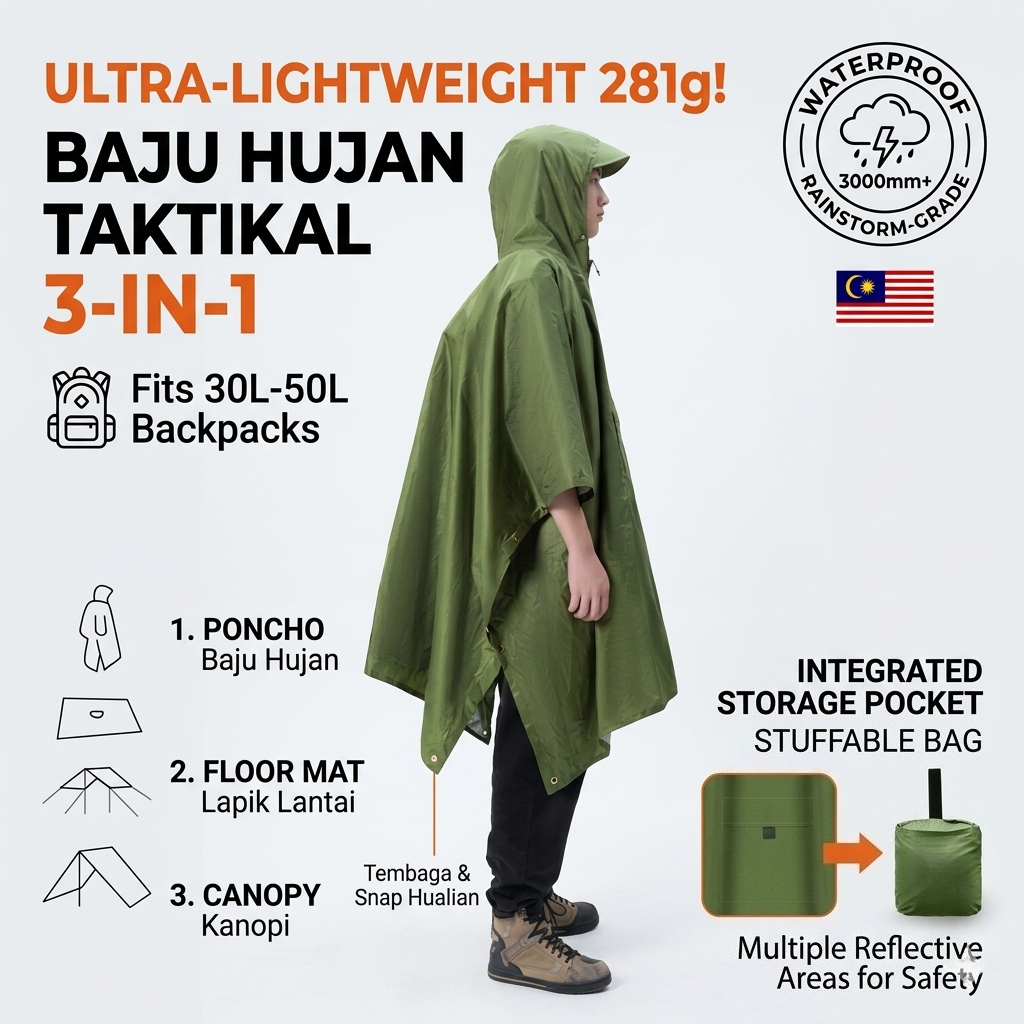 3 in 1 Hooded Waterproof Raincoat Poncho Lightweight Hood Hiking Cycling Rain Cover Coat Outdoor Camping Tent Mat