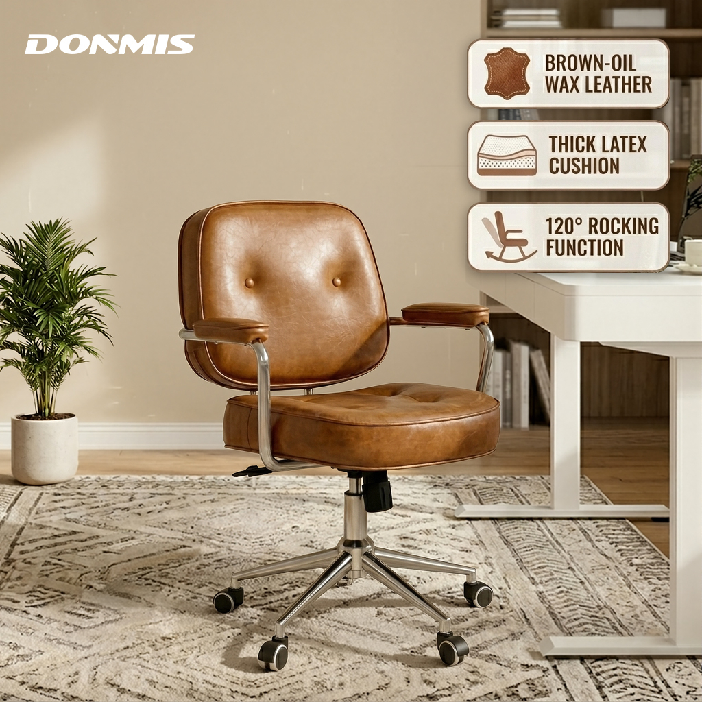 Donmis Brown Oil Wax Leather Chair Computer Office Ergonomic Study Chair Vintage Mid Century Modern Chair