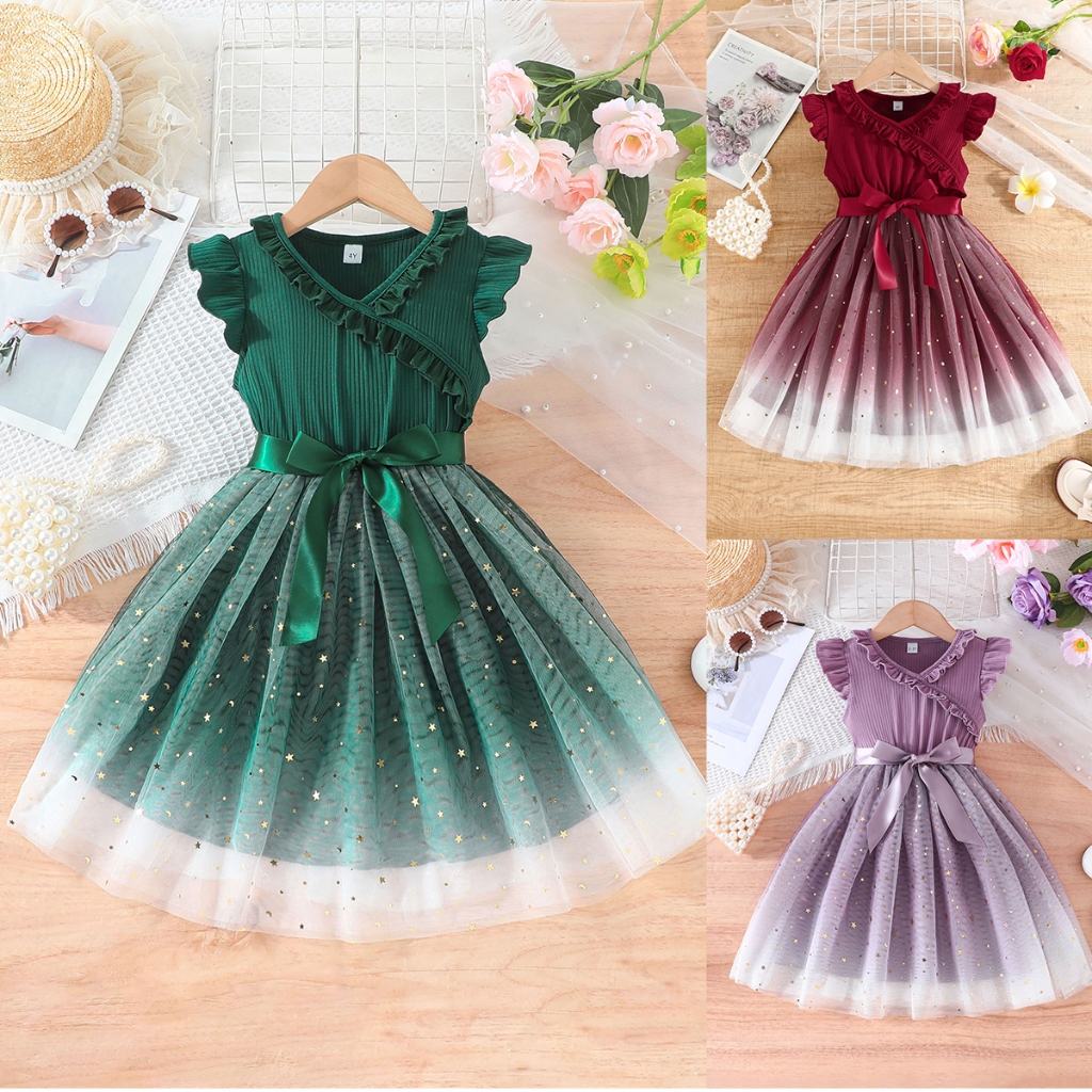 [Selangor Fast Delivery] Baju Kanak-Kanak Perempuan 2-7 Tahun Kids Girls Dress 3 Warna Maroon Emerald Green Purple Gradient Tulle Star Sequins Short Sleeve Gaun with Removable Belt Baju Raya Party Wear Budak Perempuan
