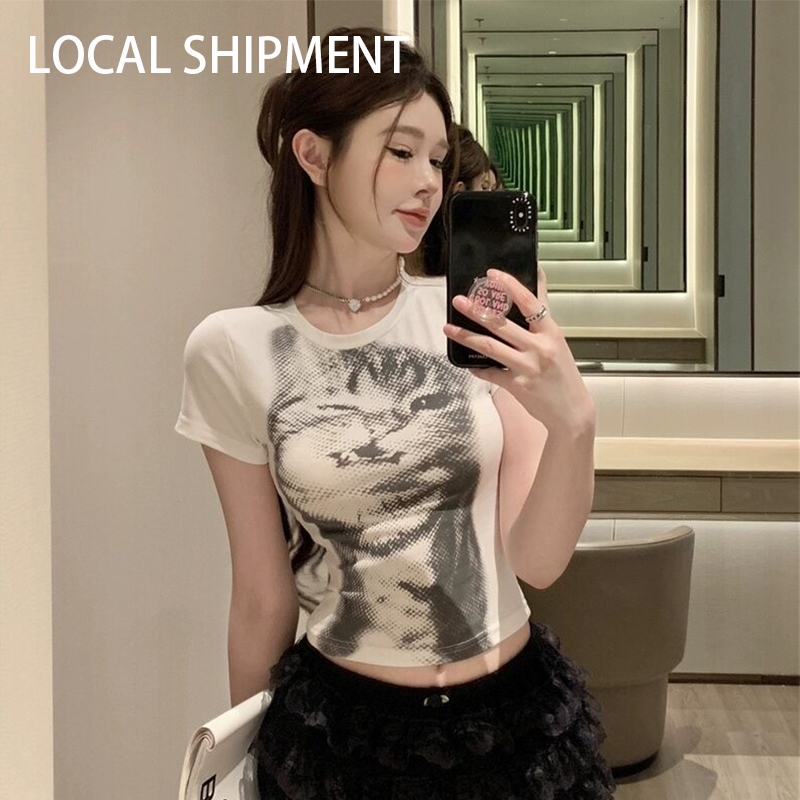【Local Shipment】Y2K Harajuku Cat Print Crop Top Vintage White Short Sleeve T-Shirt Women's Slim Fit O Neck Tee