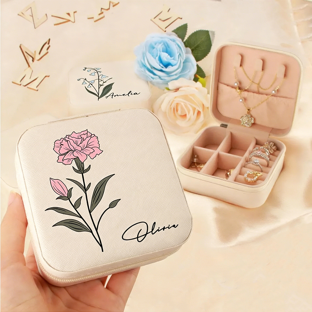 Free Personalized Jewelry Case Travel Jewelry Box Bridesmaids Gift Custom Name Birth Flower Jewelry Box