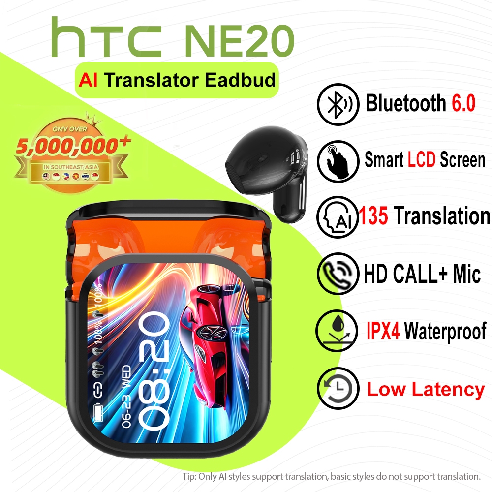 HTC NE20 AI Translator Earbud 134 Languages Translation Smart LCD Screen Bluetooth 6.0 TWS Bass Earbud Wireless Earbuds With Mic HD Call Sport Headset IPX4 Waterproof