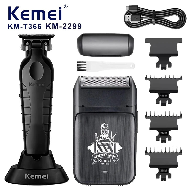 kemei T366+KM-2299 2 in 1 Professional Hair Clipper Set for Men Electric Oil Head Trimmer Shear Carving Pusher Razor