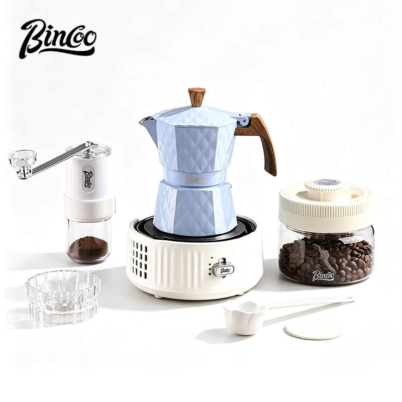 BINCOO Two-Valve Moka Pot with Electric Stove Set Home Coffee Maker Grinder Set Espresso Machine Set for Office and Outdoor 2Cups