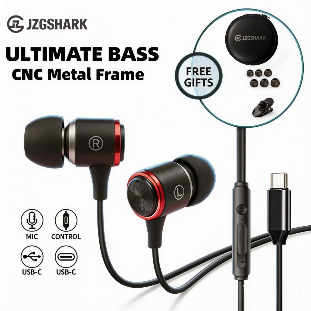 type-C wired deep bass earphones with mic metal headphones for DJ & Rock Music