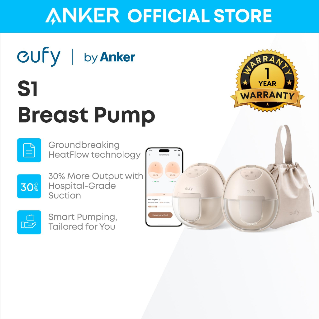 [FREE GIFT] ANKER eufy Heated Wearable Breast Pump S1, Handfree Breast Pump with Industry-Leading HeatFlow™ Tech, App-Controlled OptiRhythm™, Hospital-Grade Suction, Leakproof, Slim and Ultra-Quiet - T8D02