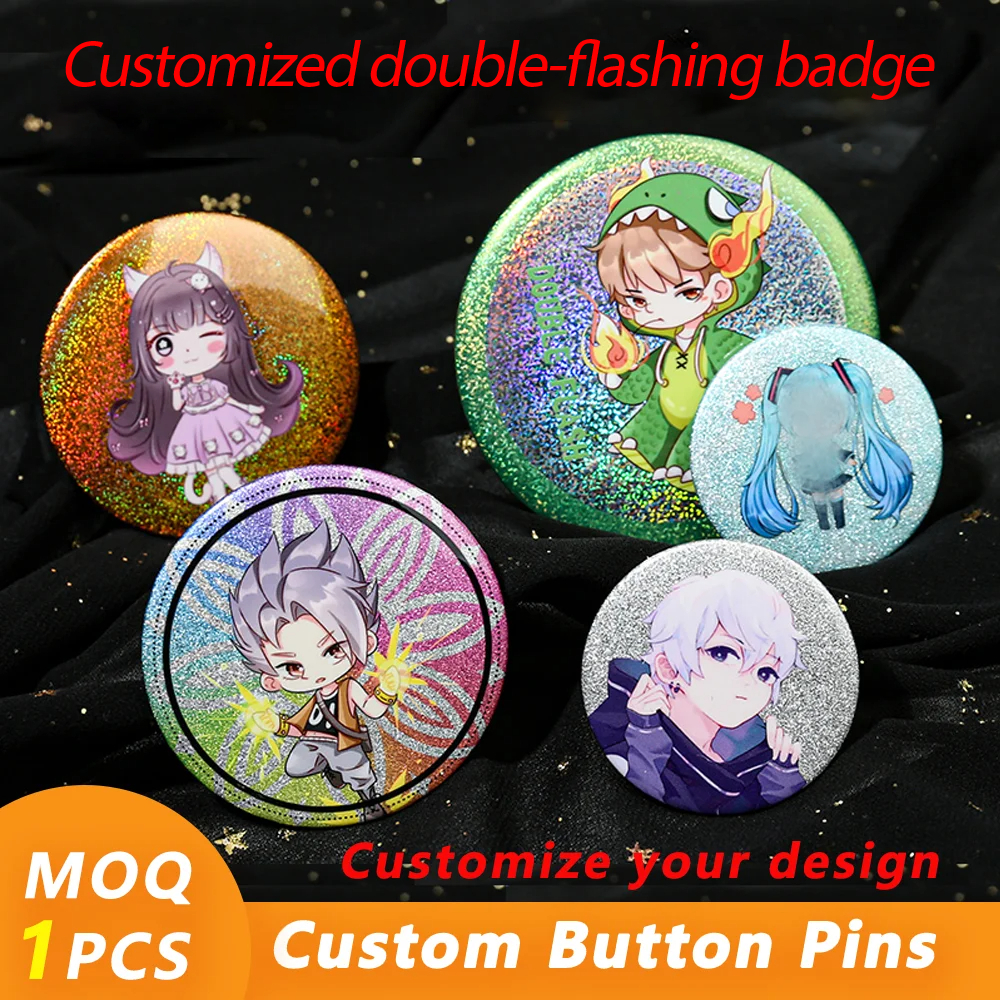 [MQQ1PCS]Custom badges holographic double pins schoolbag hangers anime celebrity merchandise cultural creativity advertising logo corporate culture promotion, fan support