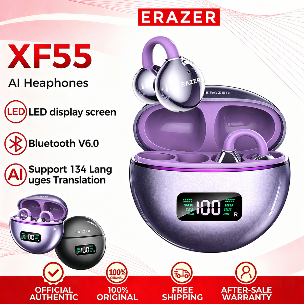 ERAZER XF55 AI Translator Earbud Ear Clip Earphone Bluetooth 6.0 Al Smart Real-Time Translation Bluetooth Earphone With LED Display Sport Headset HiFi Stereo Wireless Earbuds