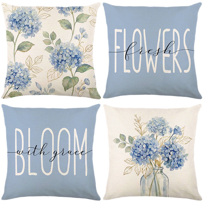 Blue flowers pillowcase linen 70×70.65×65.55×55.45×45.40×40.Summer home decor sofa pillow cover.