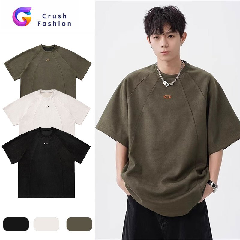 Crush Fashion Unisex Vintage Washed Suede Embroidered Heavyweight Oversized T-Shirt Summer Casual Loose Fit Streetwear Top