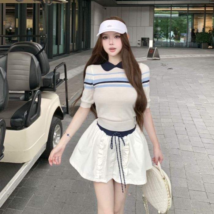 Korean Version Summer New Style Travel Vacation Fashion Suit Women's Slimmer Look Lapel Short-Sleeved Knit Top+High Waist A-Line Skirt Two-Piece Suit