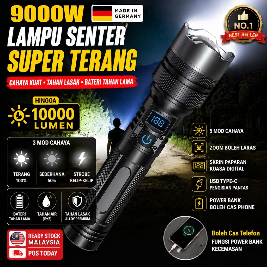 【24-hour delivery】Light up the forest LED Flashlight Lampu suluh terang jarak jauh Zoomable with Power Display USB Rechargeable torch light super bright camping light IPX7 waterproof 4900N+