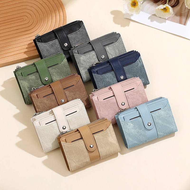 Genuine Leather Coin Bag Elegant Retro Style Short Bi-Fold Wallet 2026 with Multiple Card Slots Women's Style PU Apricot Grey Blue Pink White Light Blue Green Brown Black Minimalis