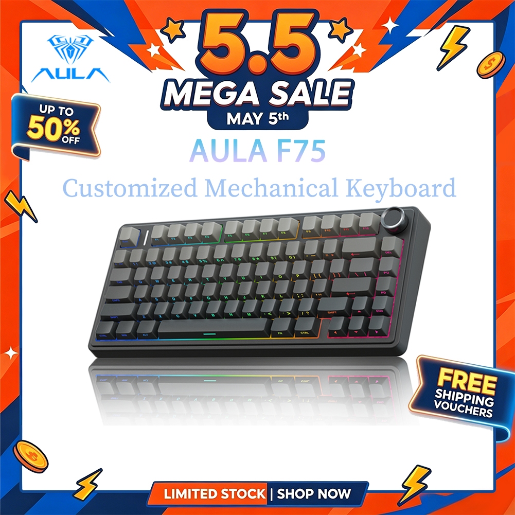 AULA F75 Mechanical Keyboard 75% 80 Key RGB Tri-Mode Wired Bluetooth 2.4G Gasket Structure Hot-swap Gaming Keyboard