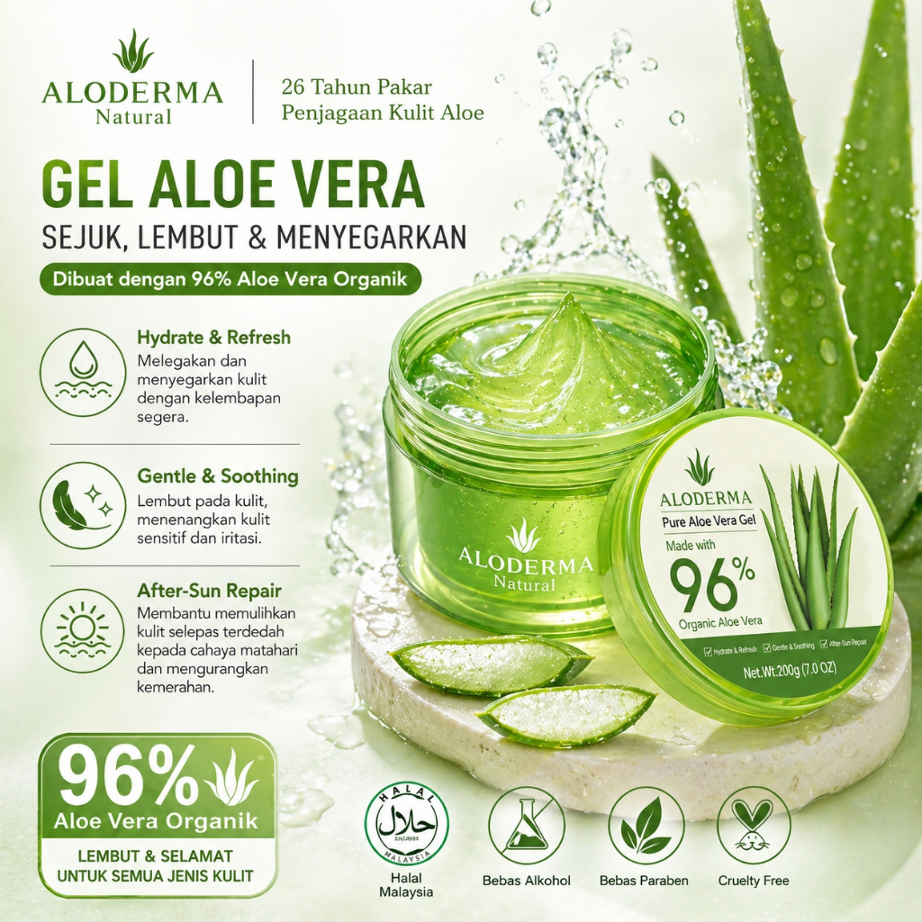 ALODERMA Pure Aloe Vera Gel guardian Organic 100% All Skin Types No Sticky Residue Eco-Friendly